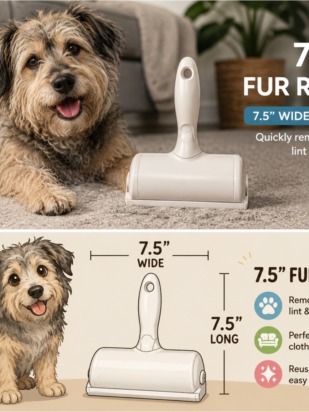 Pet Fur ROLLER / Remover REUSABLE 7.5” inches USE IN BED SOFA CAR